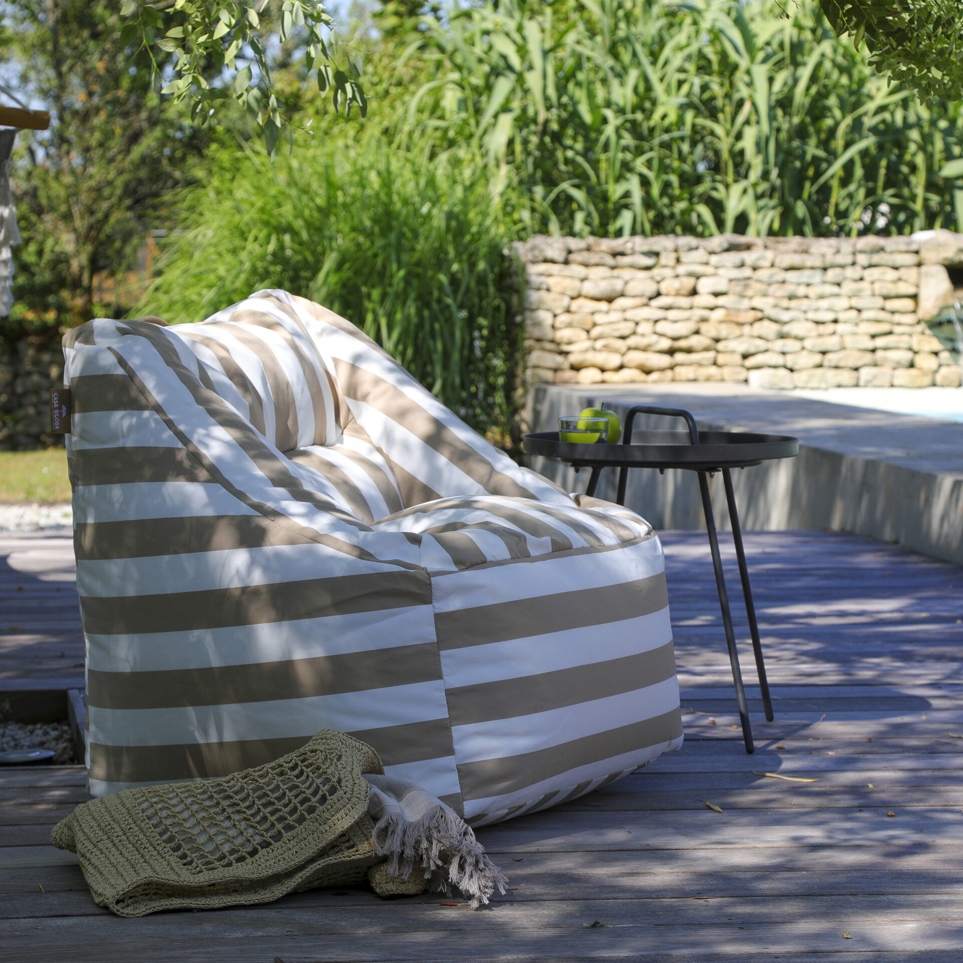 Pouf fauteuil extérieur Bari rayures Sable-Blanc