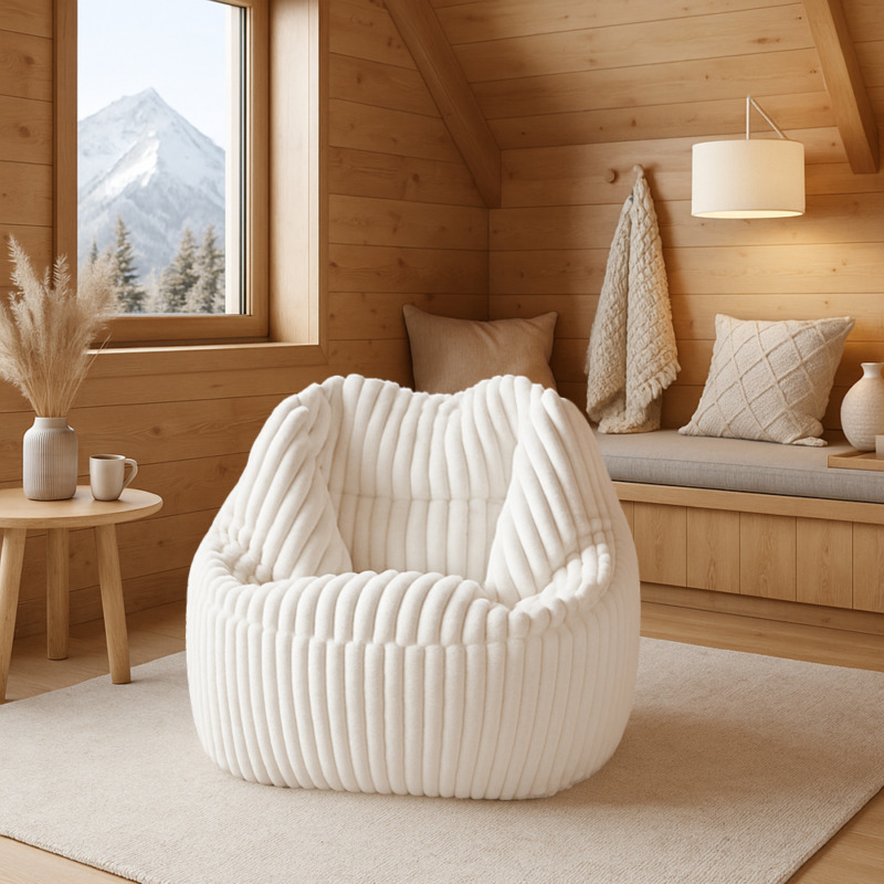 Fauteuil Pouf Bari Fausse Fourrure Grosses Côtes Champagne