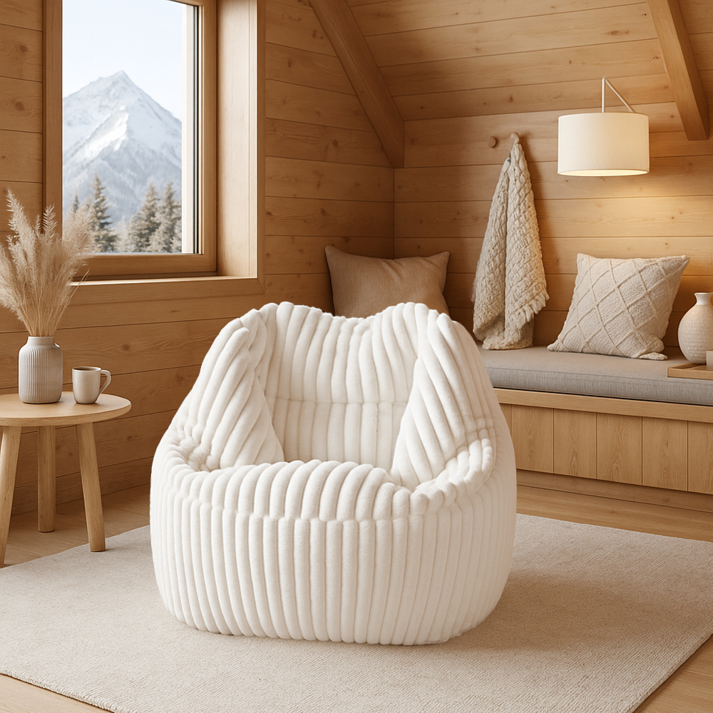 Fauteuil Pouf Bari Fausse Fourrure Grosses Côtes Champagne