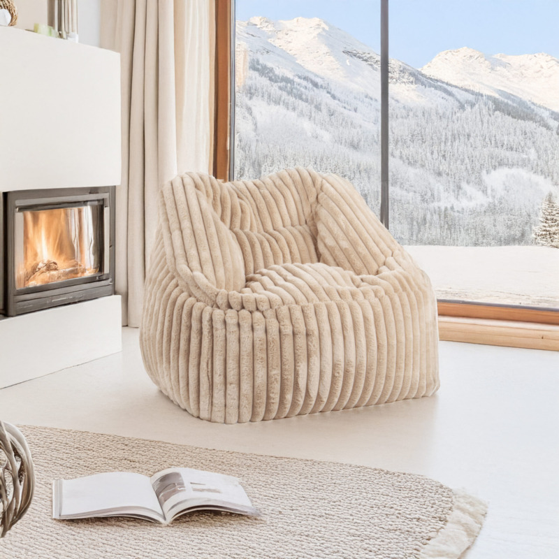 Fauteuil Pouf Bari Fausse Fourrure Grosses Côtes Camel