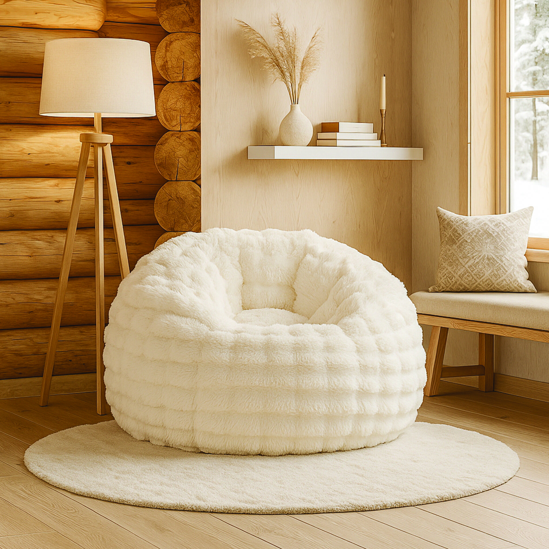 Fauteuil Pouf Nina Fausse Fourrure Effet Biscuit Blanc