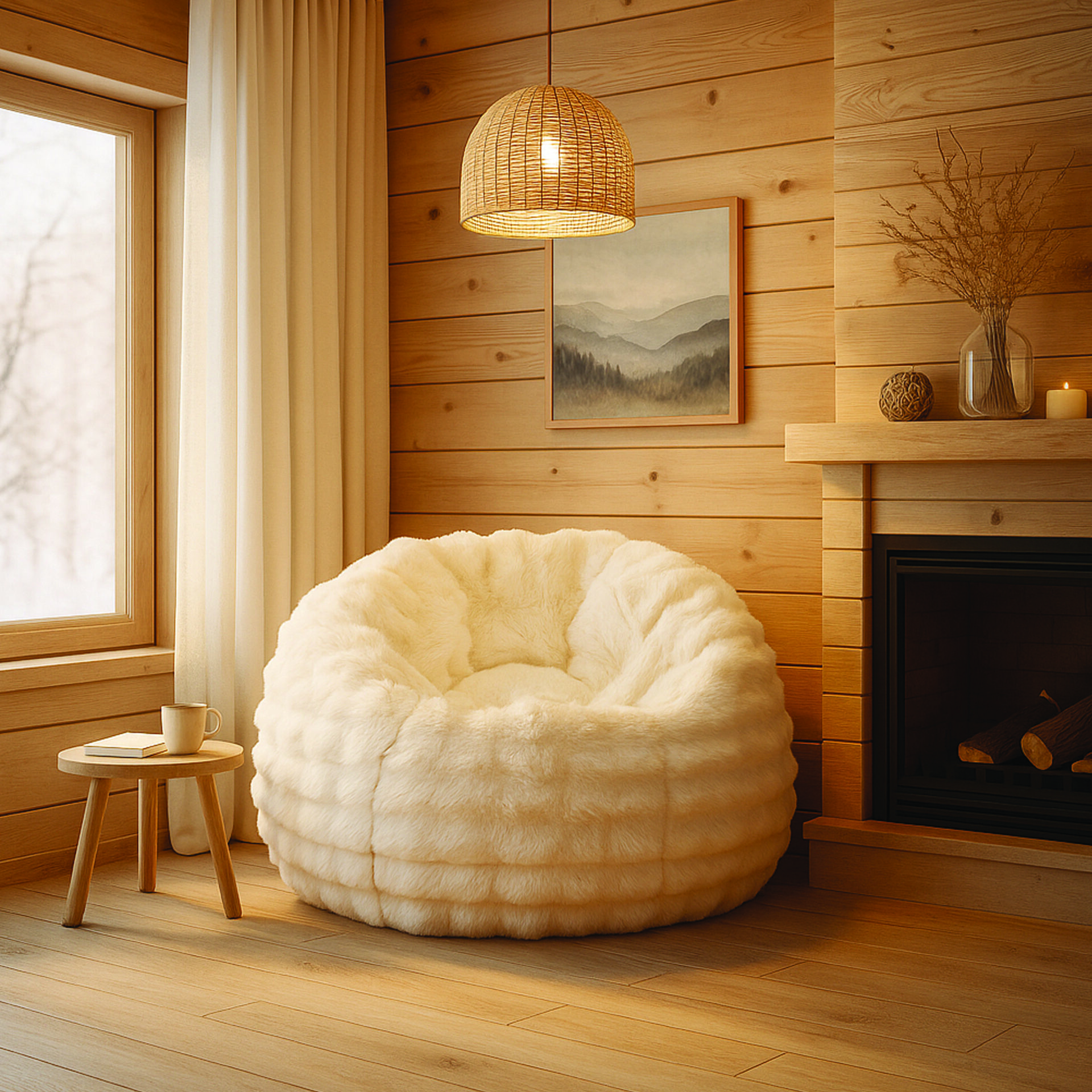 Fauteuil Pouf Nina Fausse Fourrure Effet Biscuit Blanc