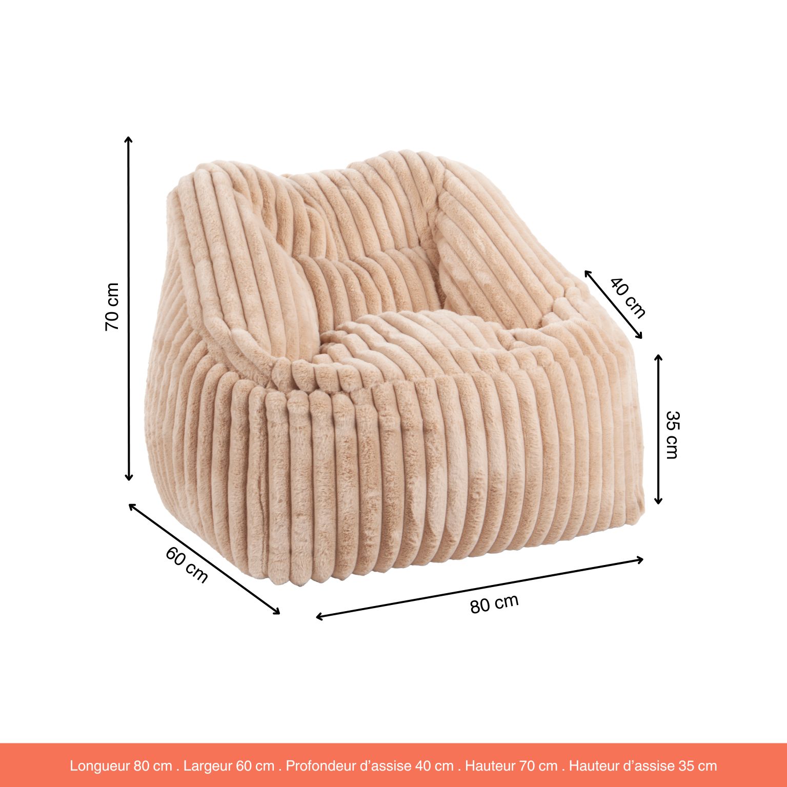 Fauteuil Pouf Bari Fausse Fourrure Grosses Côtes Camel