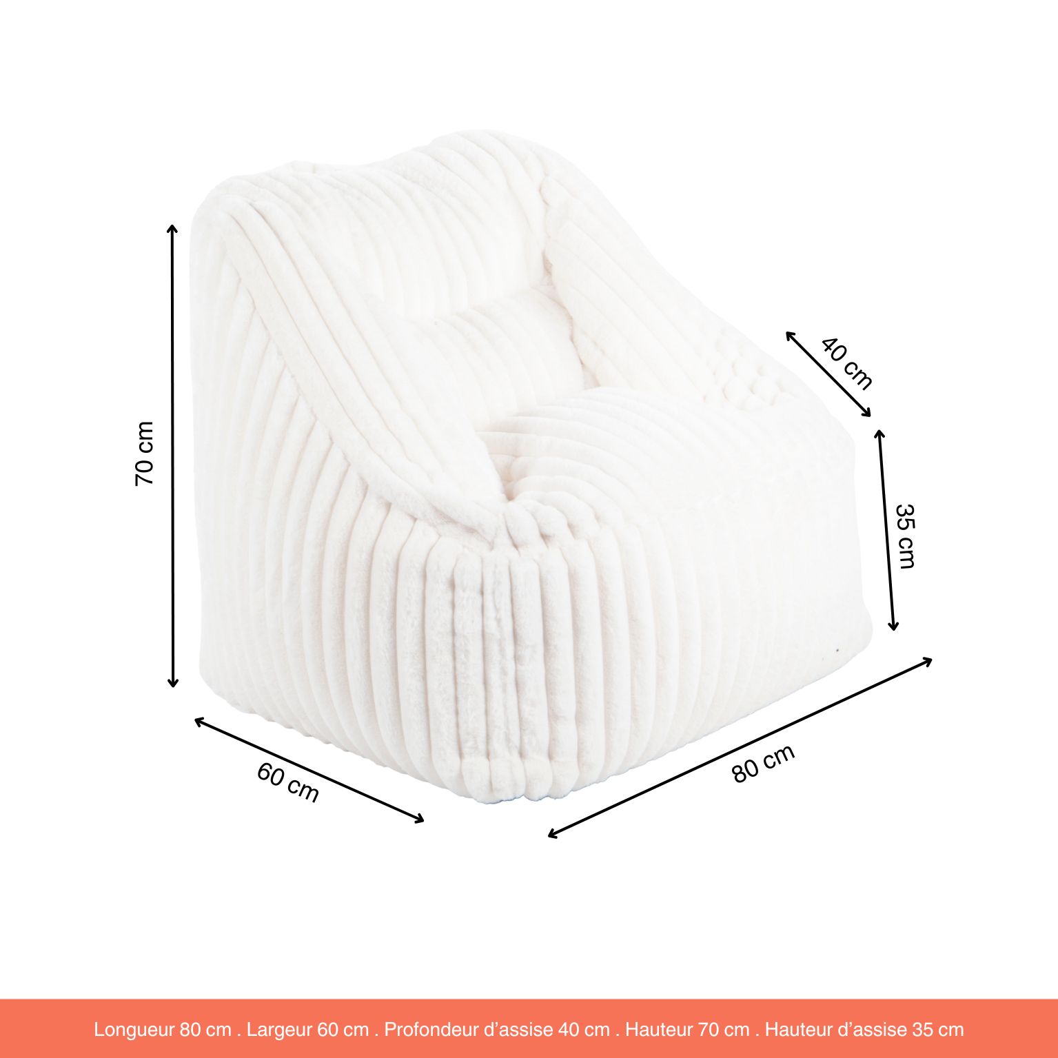 Fauteuil Pouf Bari Fausse Fourrure Grosses Côtes Champagne