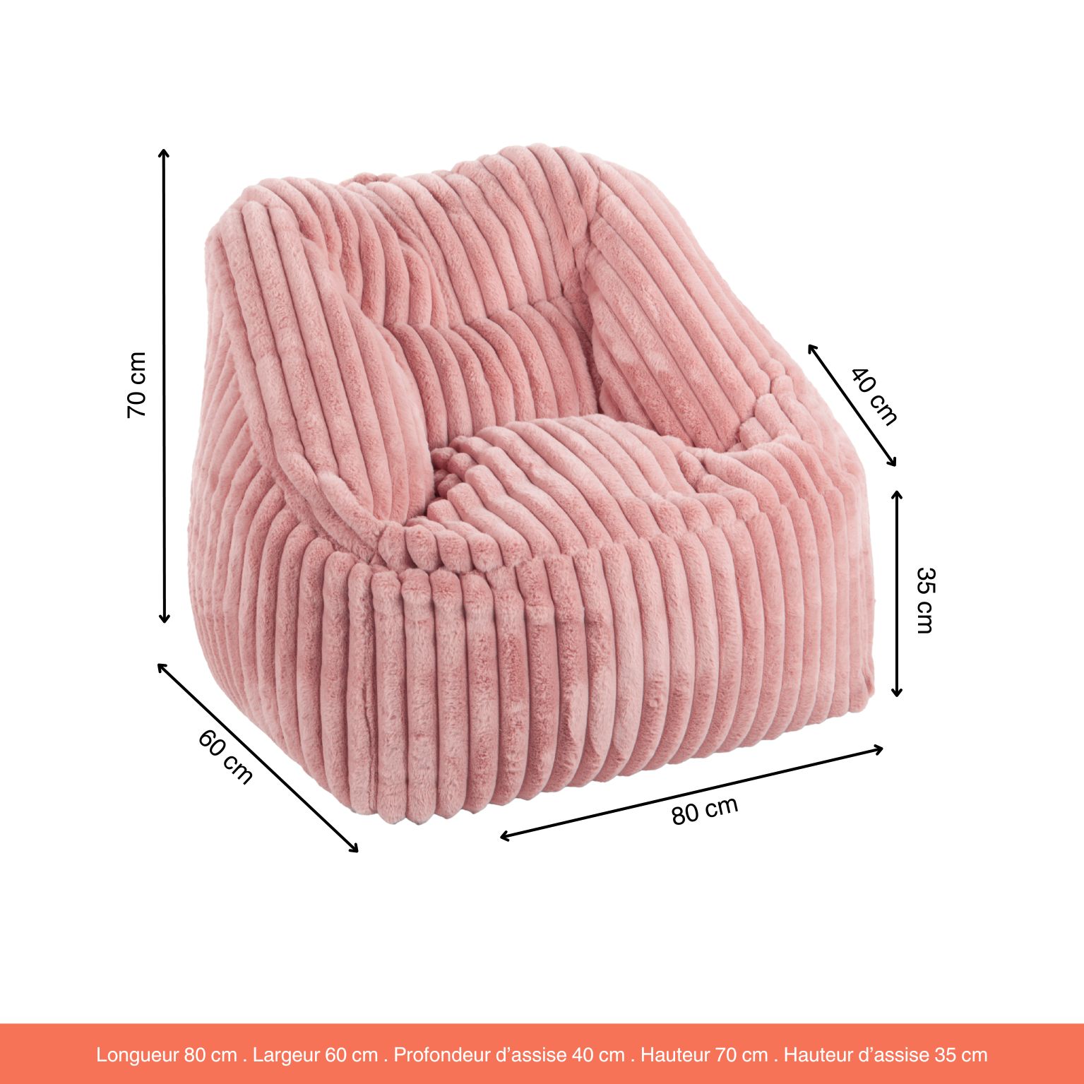 Fauteuil Pouf Bari Fausse Fourrure Grosses Côtes Rose Nude