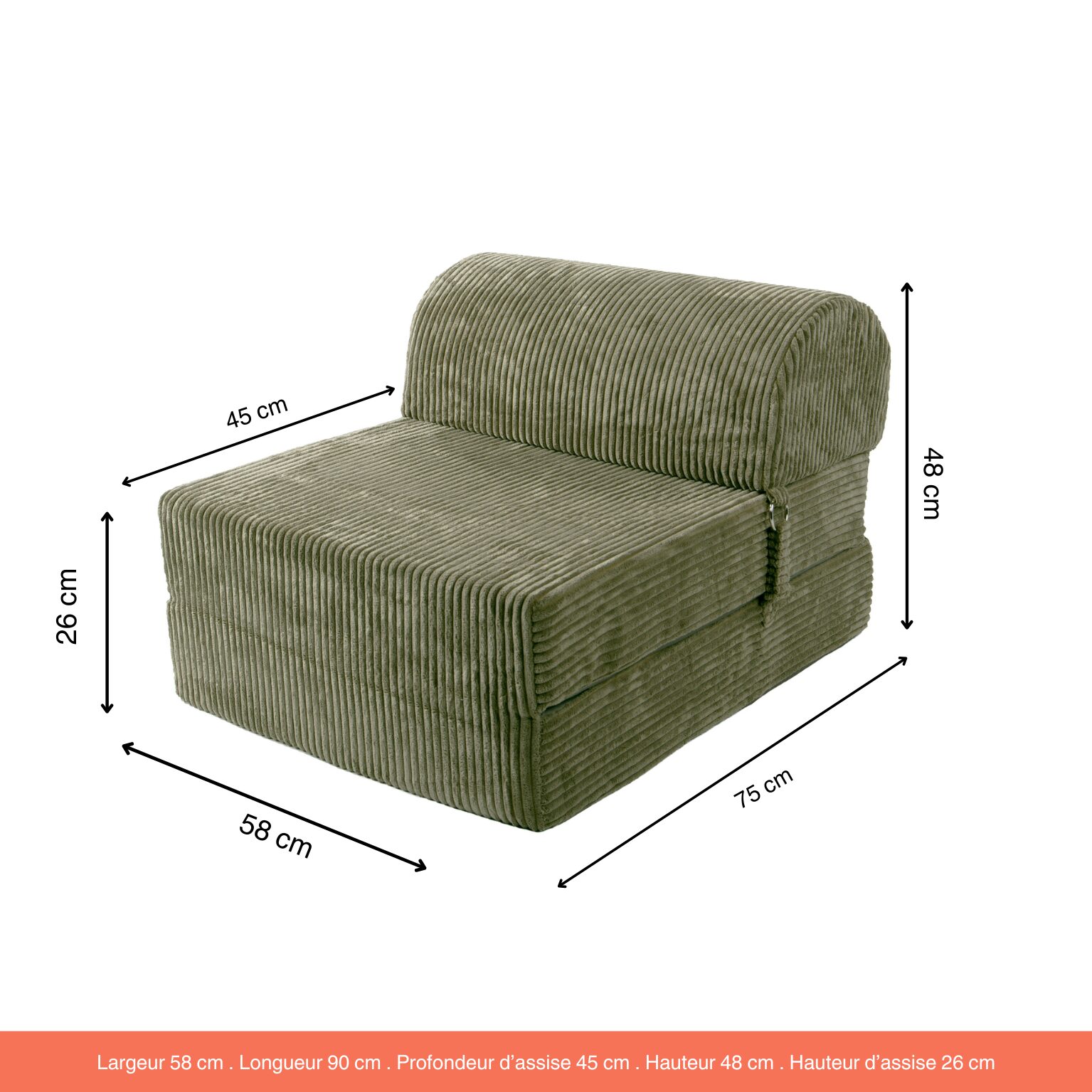 Chauffeuse Indilla Velours grosses côtes Vert Kaki