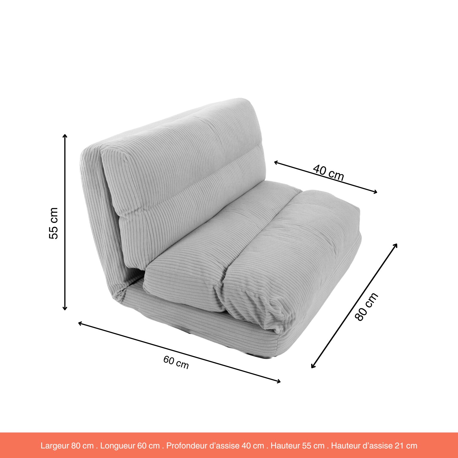 Chauffeuse convertible Chloé Velours Côtelé Gris