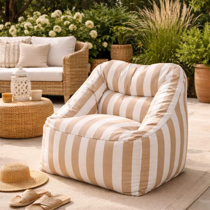 Pouf fauteuil extérieur Bari rayures Sable-Blanc