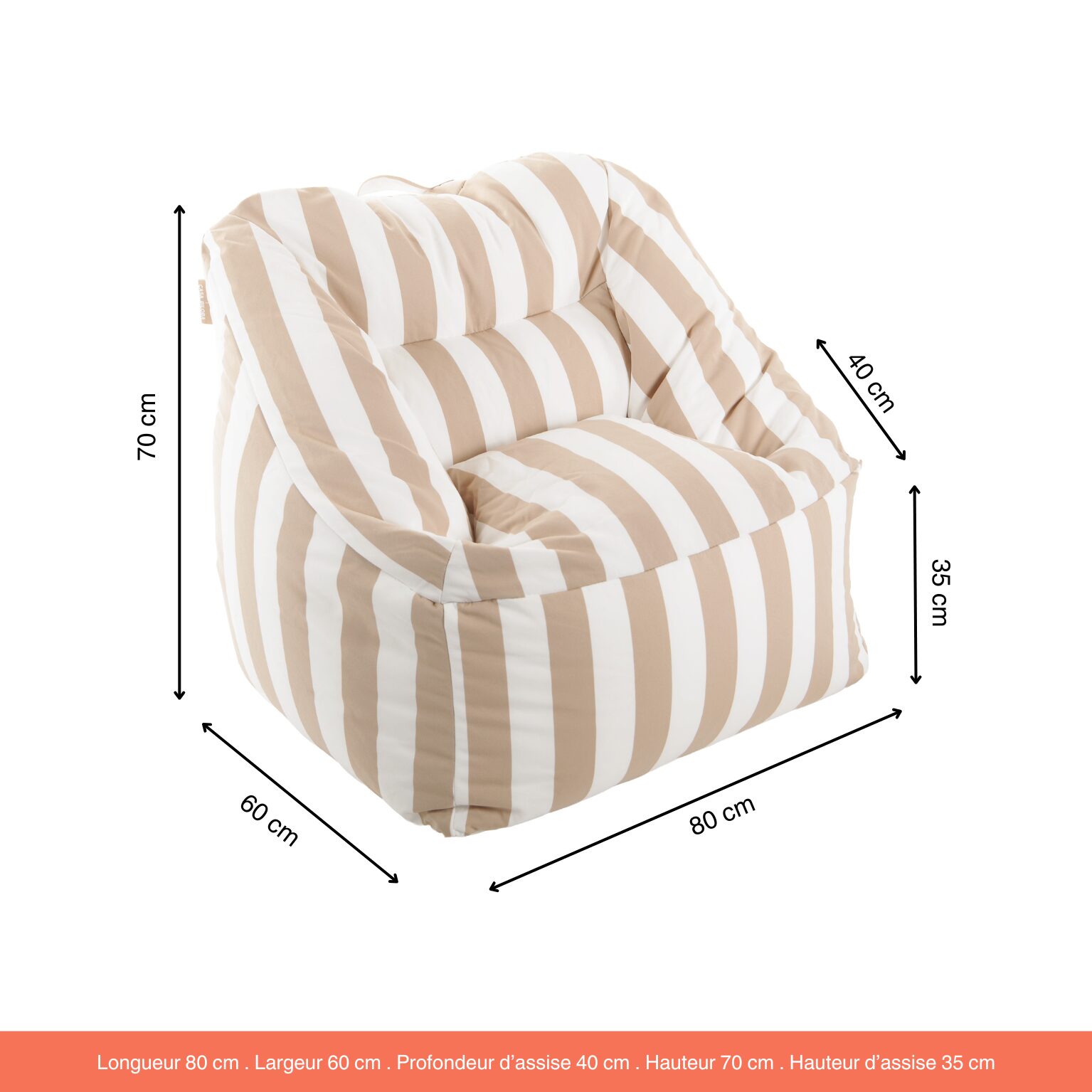 Pouf fauteuil extérieur Bari rayures Sable-Blanc
