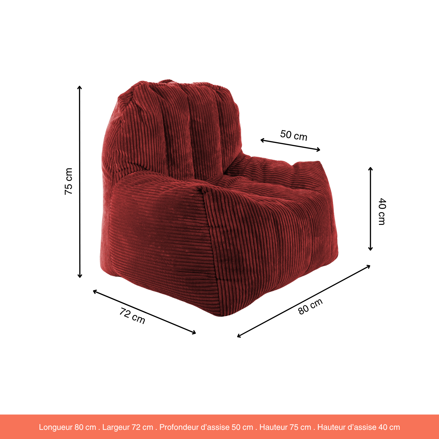 Fauteuil Pouf Juliette Velours Côtelé Rouge