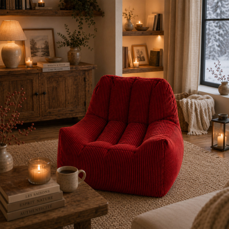 Fauteuil Pouf Juliette Velours Côtelé Rouge