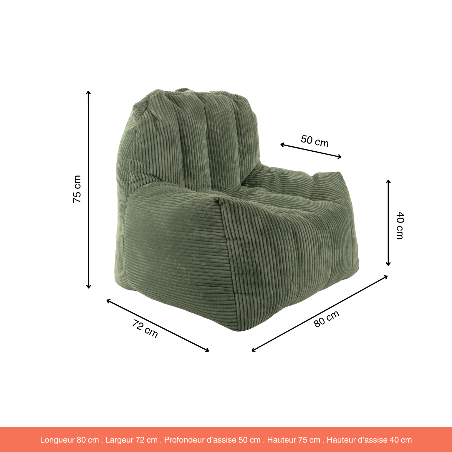 Fauteuil Pouf Juliette Velours Côtelé Kaki