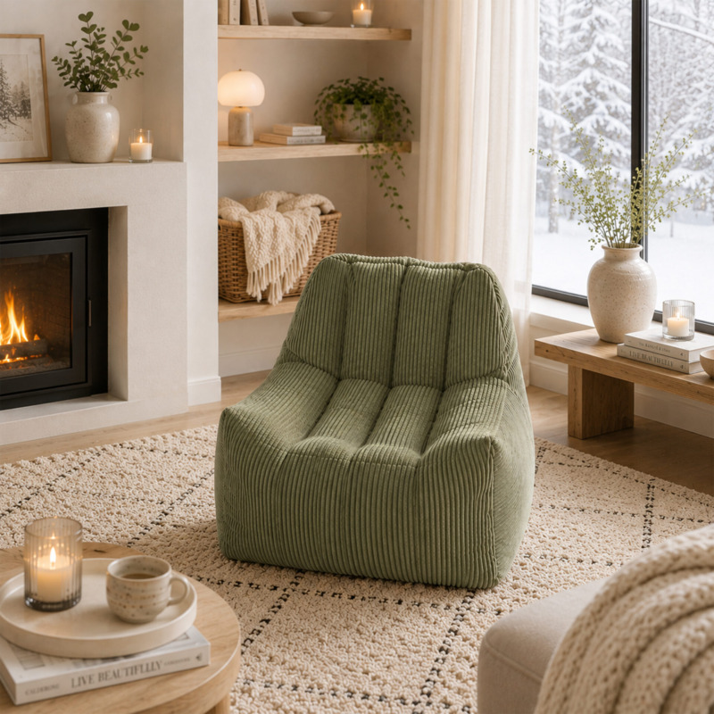 Fauteuil Pouf Juliette Velours Côtelé Kaki