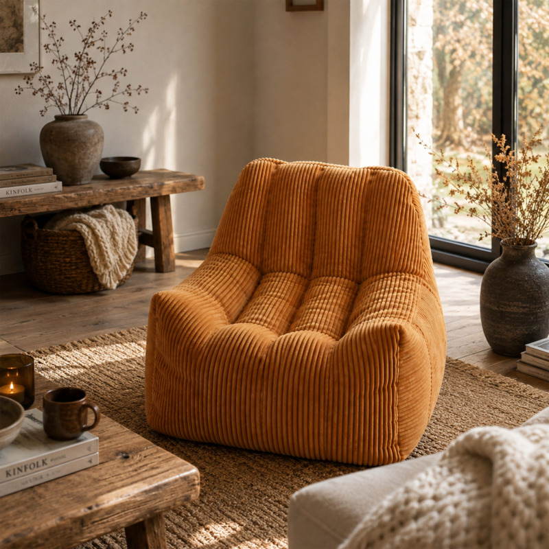 Fauteuil Pouf Juliette Velours Côtelé Camel
