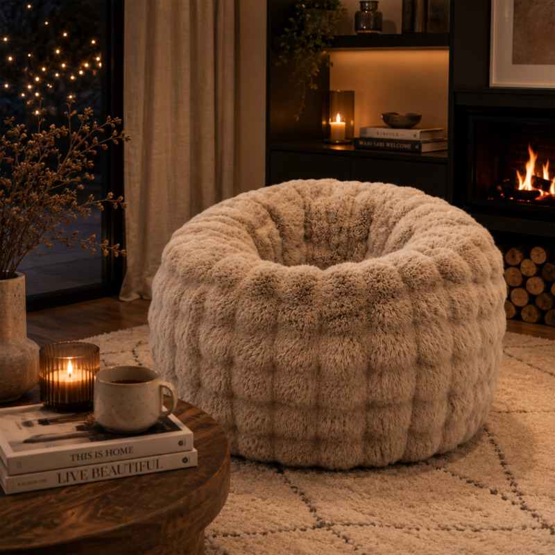 Fauteuil Pouf Nina Fausse Fourrure Effet Biscuit Camel