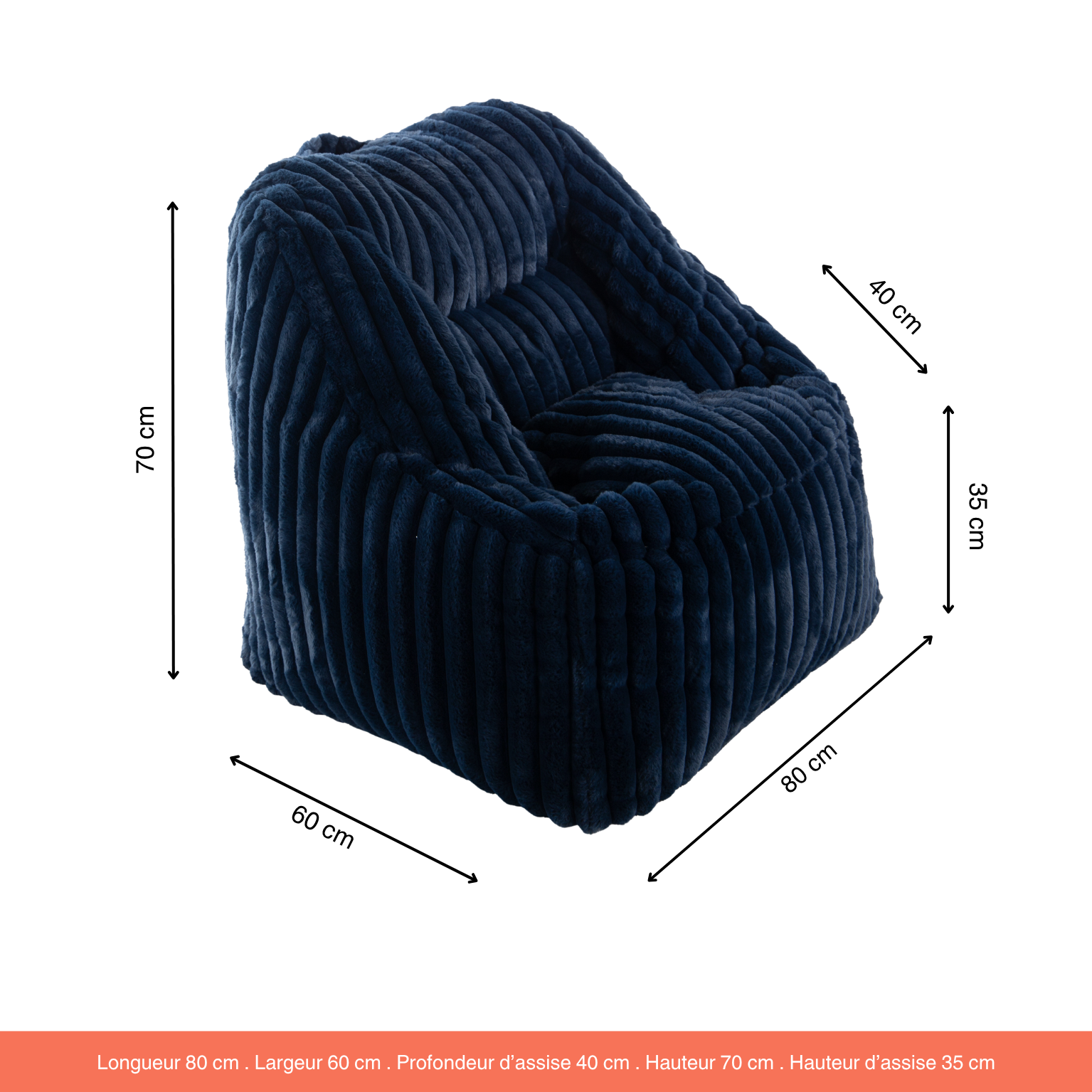 Fauteuil Pouf Bari Fausse Fourrure Grosses Côtes Bleu Nuit
