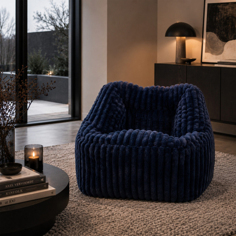 Fauteuil Pouf Bari Fausse Fourrure Grosses Côtes Bleu Nuit