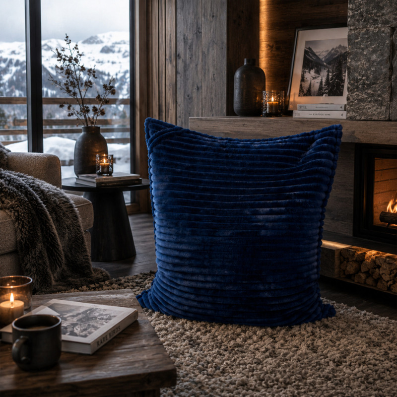Maxi Coussin Fausse Fourrure Grosses Côtes Bleu Nuit