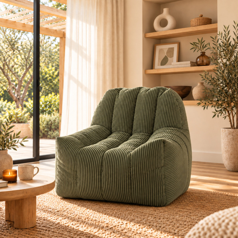 Fauteuil Pouf Juliette Velours Côtelé Kaki