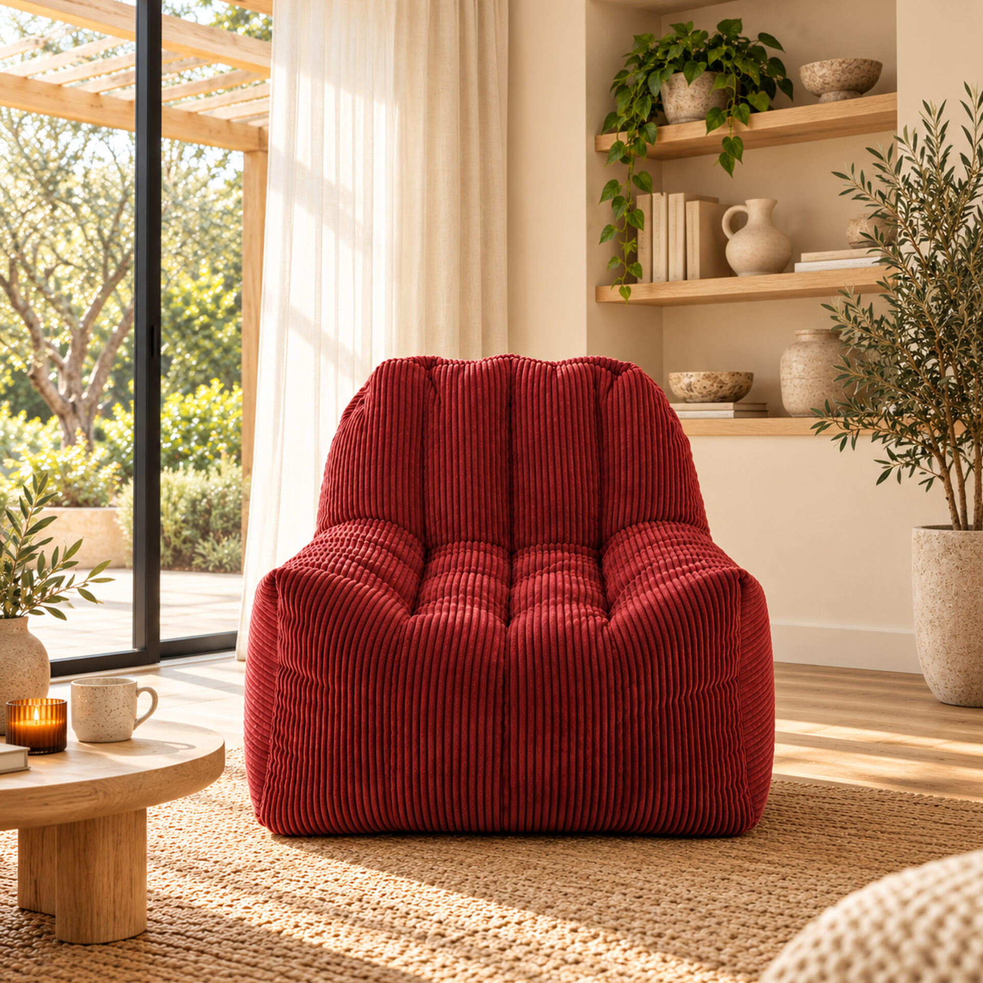 Fauteuil Pouf Juliette Velours Côtelé Rouge